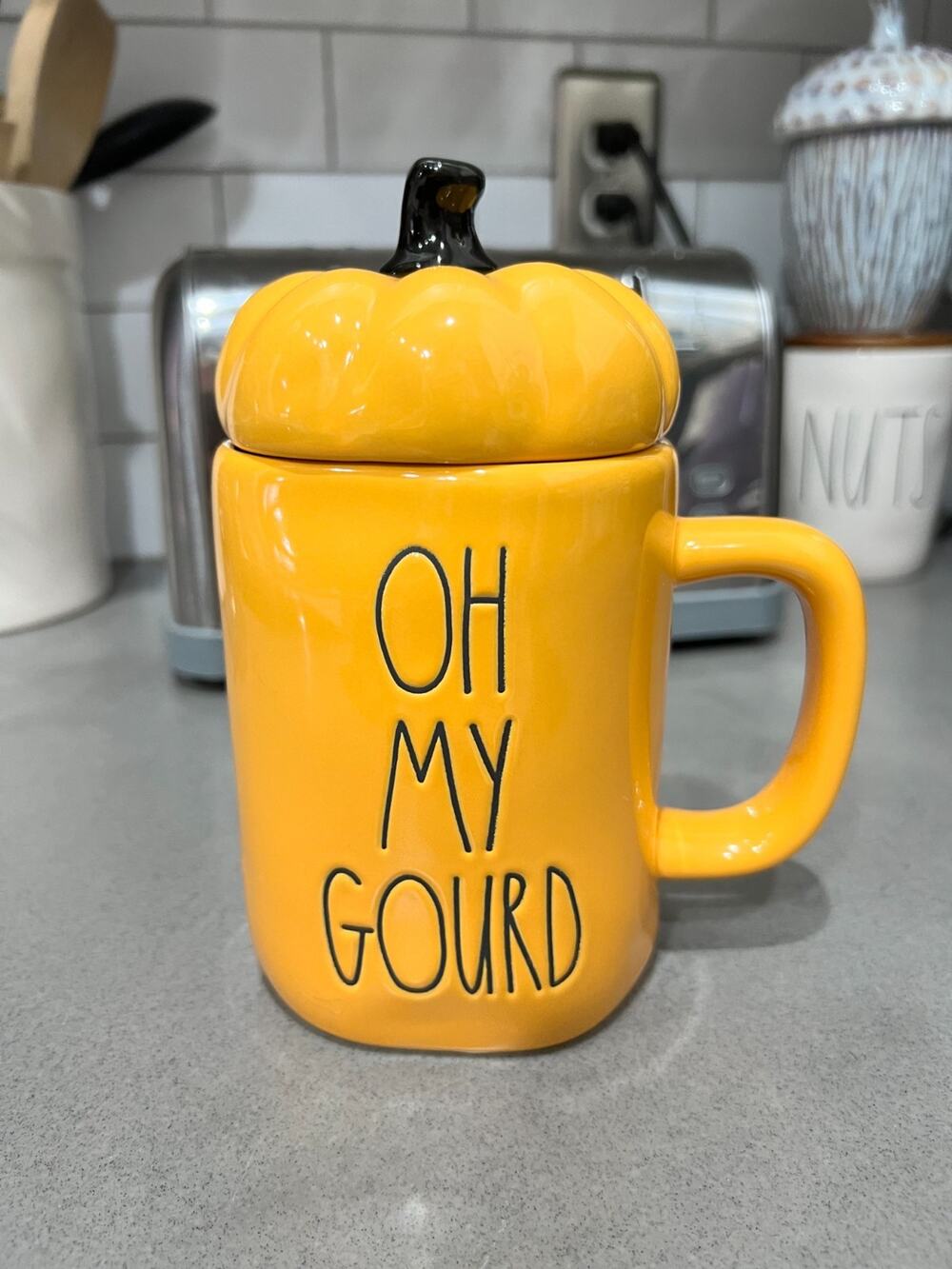 NWOT Rae Dunn OH MY GOURD Pumpkin Topper Mug Fall Halloween Harvest Ceramic